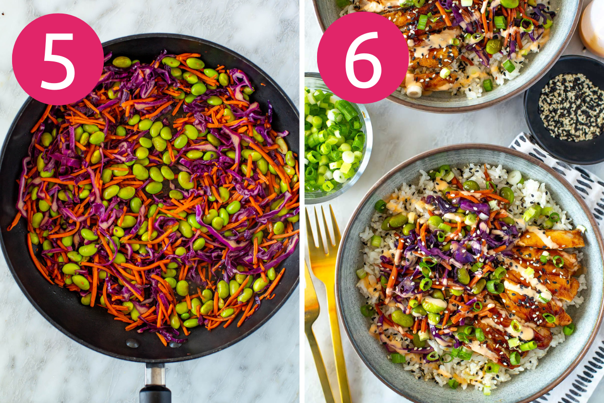 Collage image of Easy Teriyaki Bowl step 5 & 6.