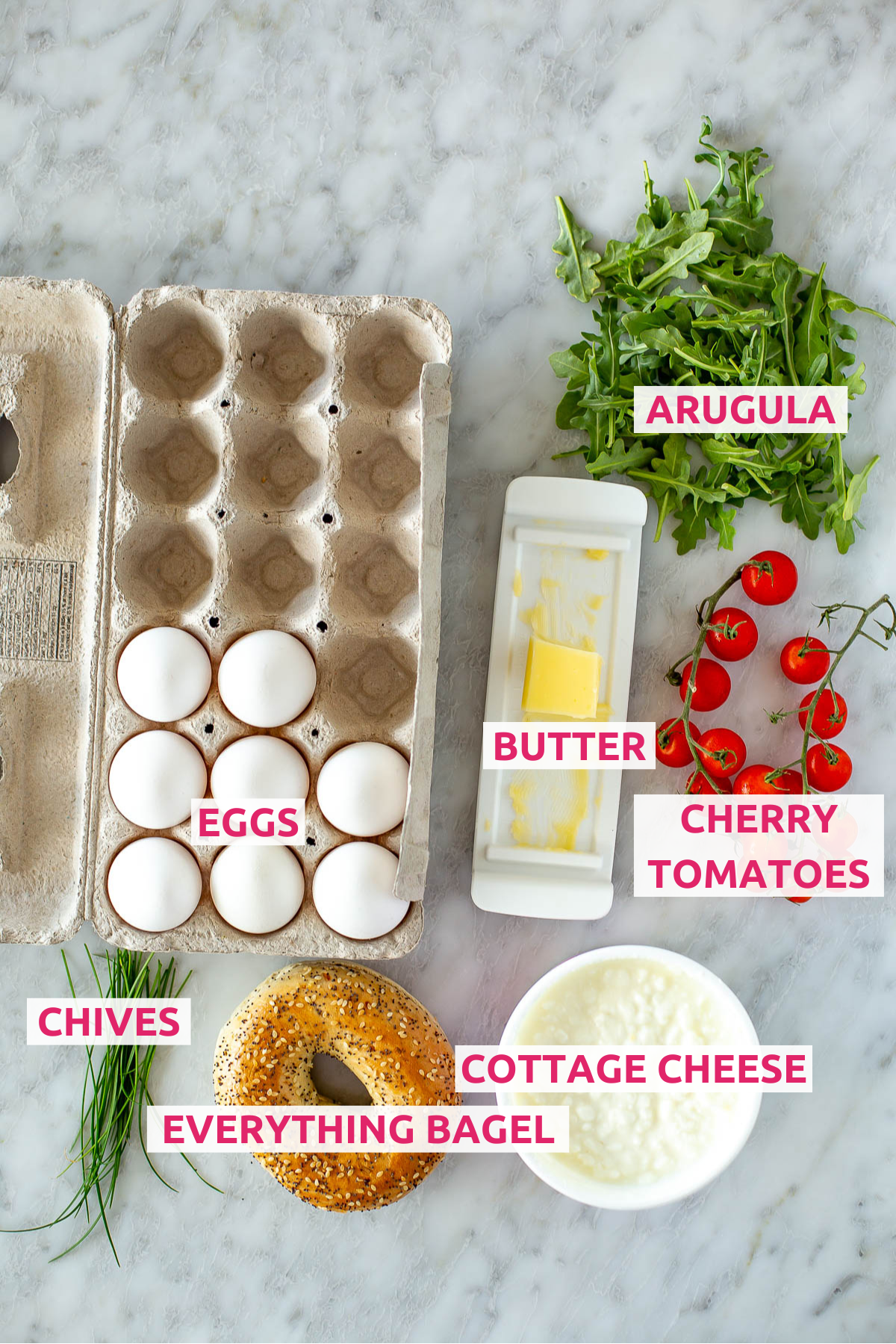 Overhead shot of High Protein Cottage Cheese Eggs ingredients, including eggs, cottage cheese, arugula, and an everything bagel with labels.