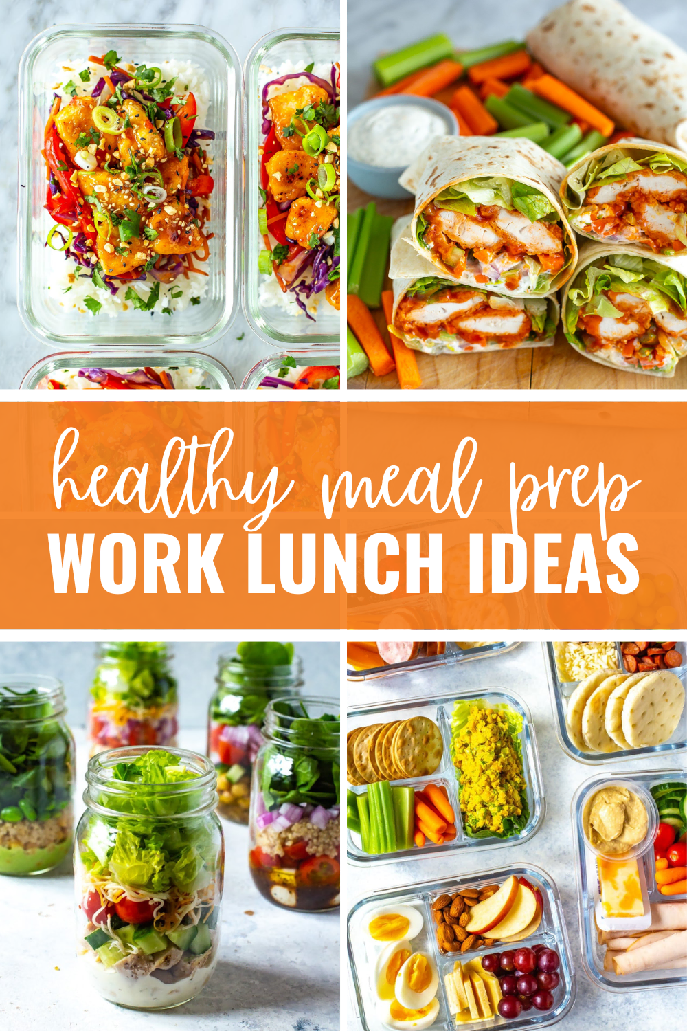 Collage of 4 recipes with a banner of text "healthy meal prep work lunch ideas".
