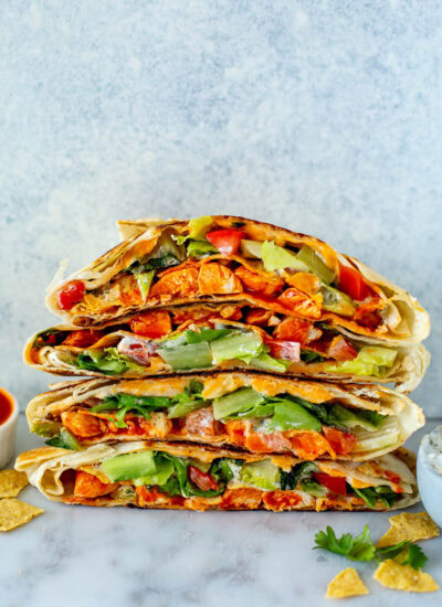 Side view stack of buffalo chicken crunchwraps