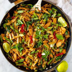 Overhead shot of the drunken noodles finished in a skillet