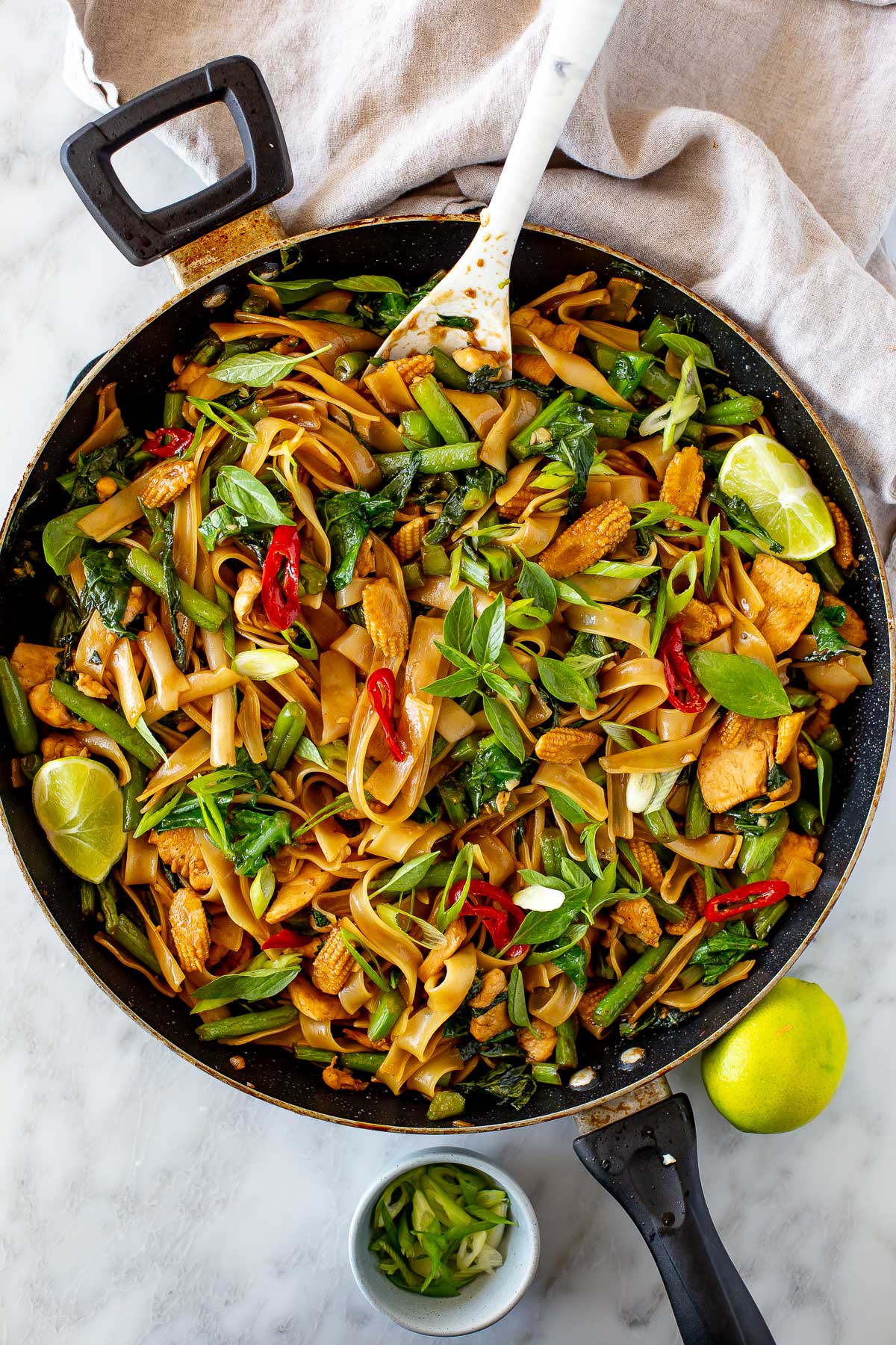 Overhead shot of the drunken noodles finished in a skillet