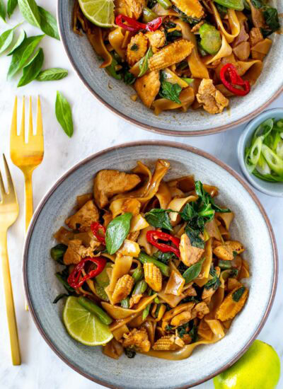 Overhead shot of plated drunken noodles dish