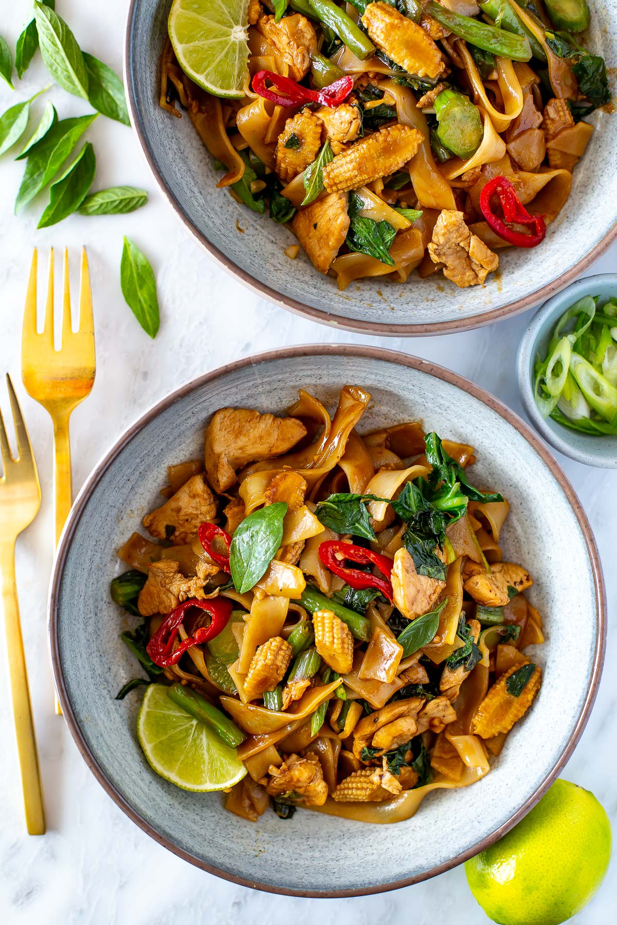 Overhead shot of plated drunken noodles dish