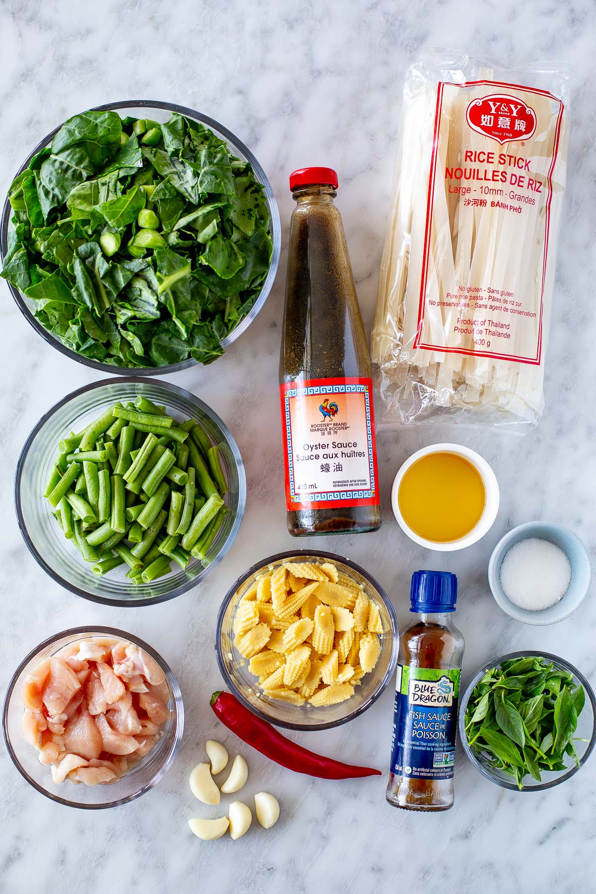 Overhead shot of all the ingredients for drunken noodles