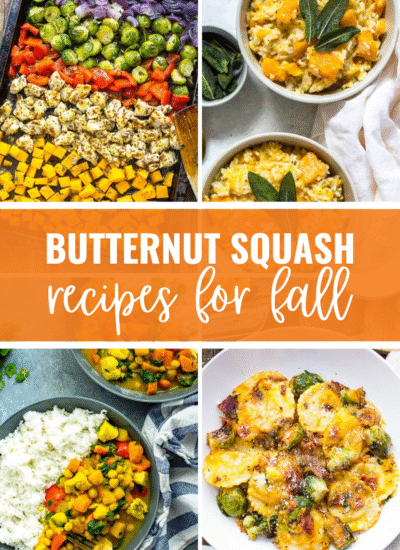 Collage of four butternut squash recipes, with text that says 'Butternut Squash Recipes for Fall'