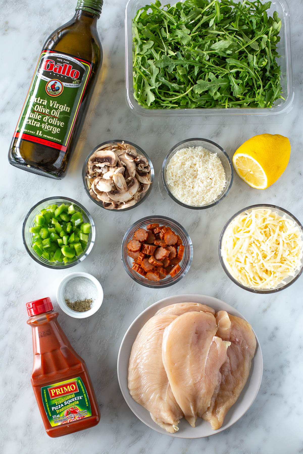 Overhead shot of ingredients for Pizza Chicken recipe