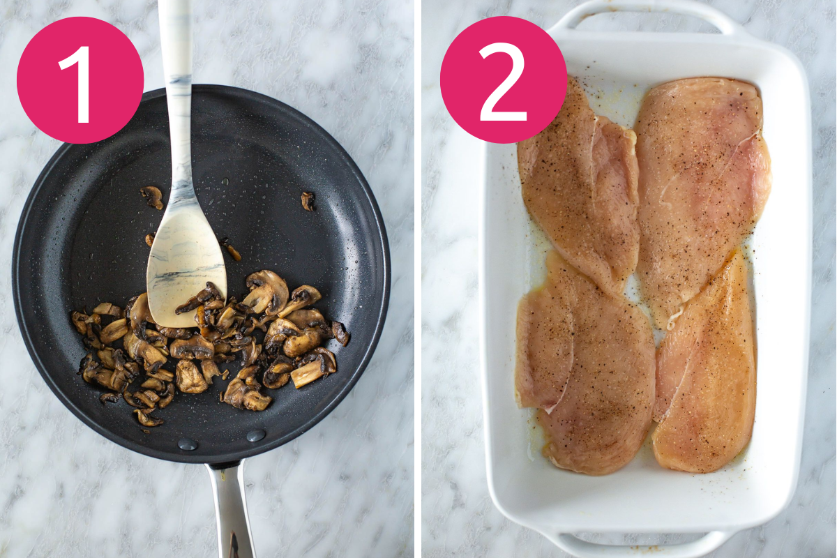 Collage of Pizza Chicken recipe steps 1 & 2