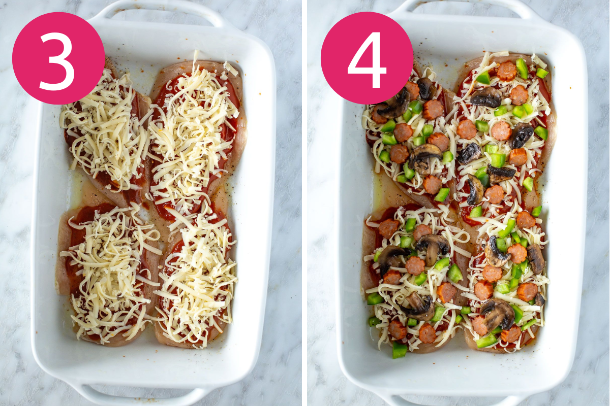 Collage of Pizza Chicken recipe steps 3 & 4