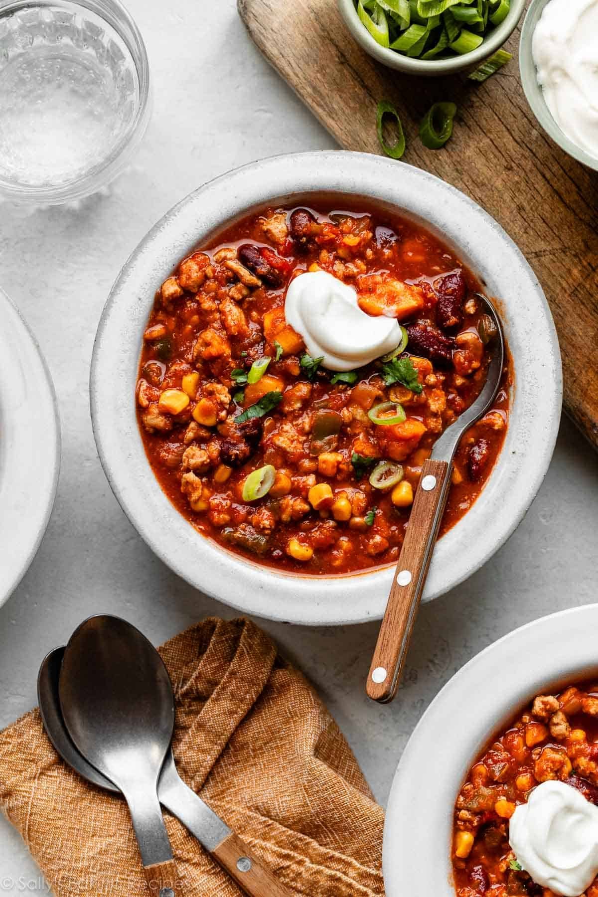 overhead shot of a bowl of sweet potato turkey chili
