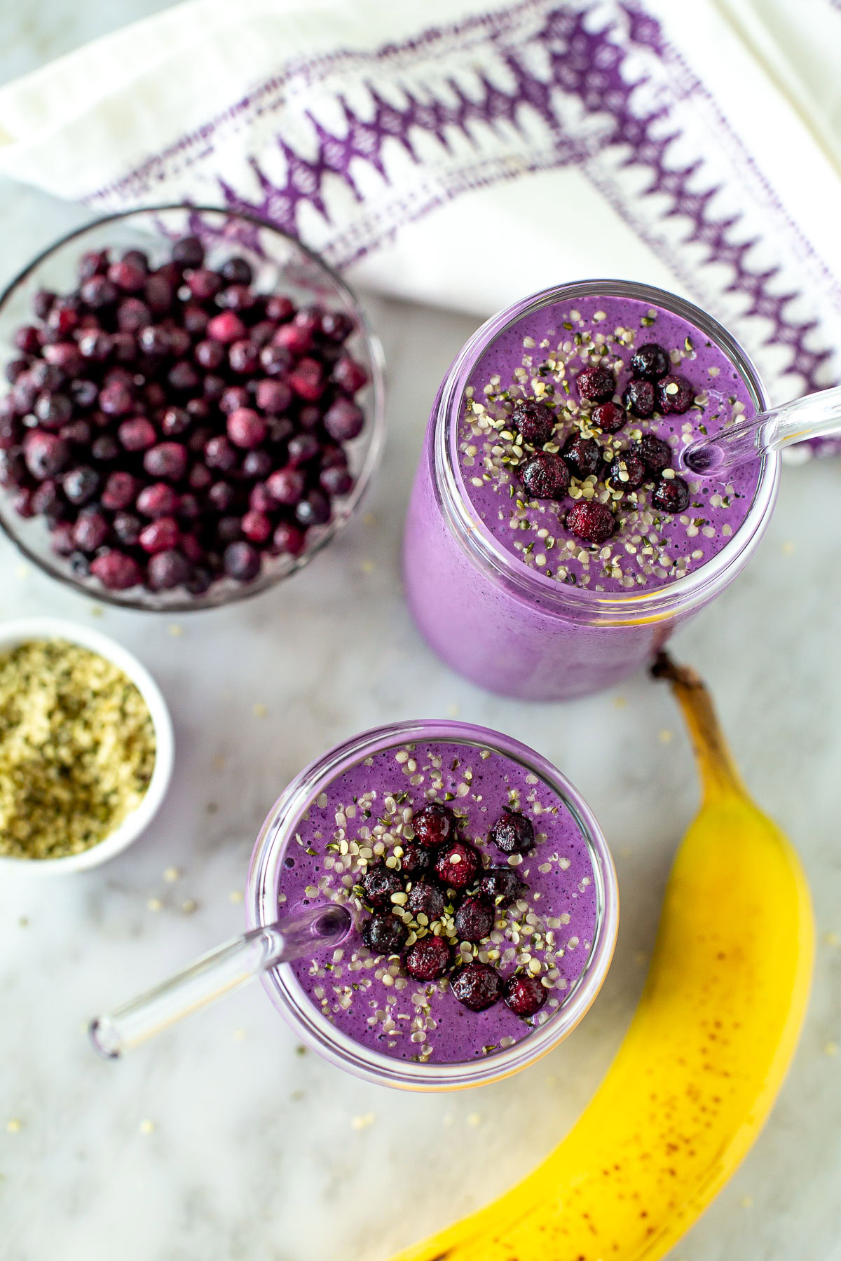 Blueberry banana smoothie overhead view