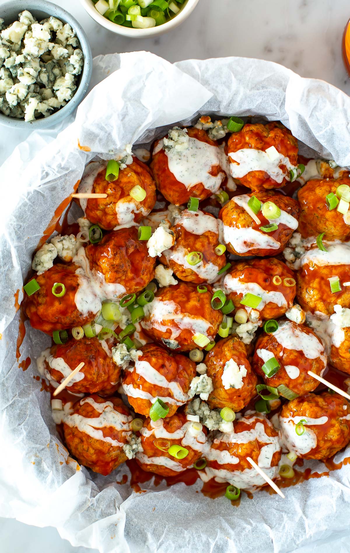 Buffalo chicken meatballs close up 