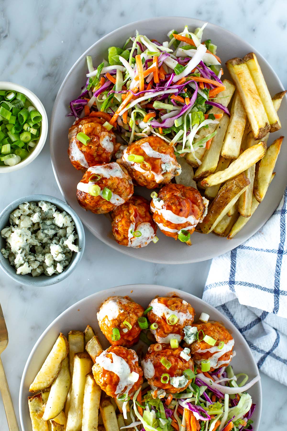 Buffalo chicken meatballs overhead closer