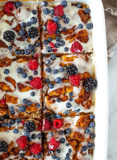 Cinnamon roll casserole close up to the right