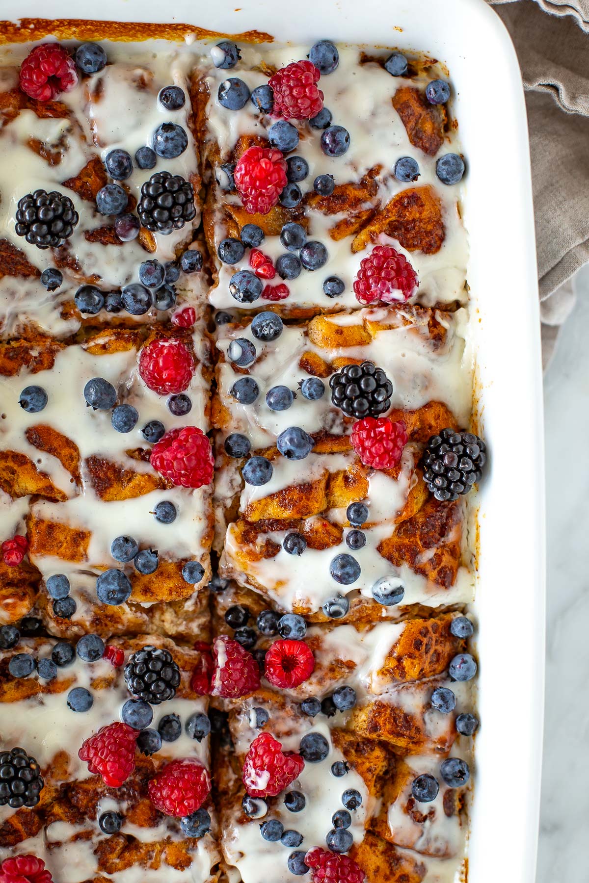 Cinnamon roll casserole close up to the right