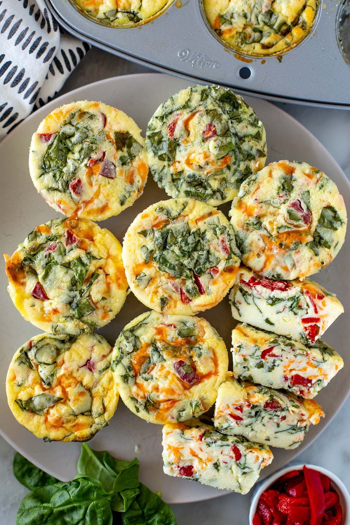 Plated cottage cheese egg bites overhead