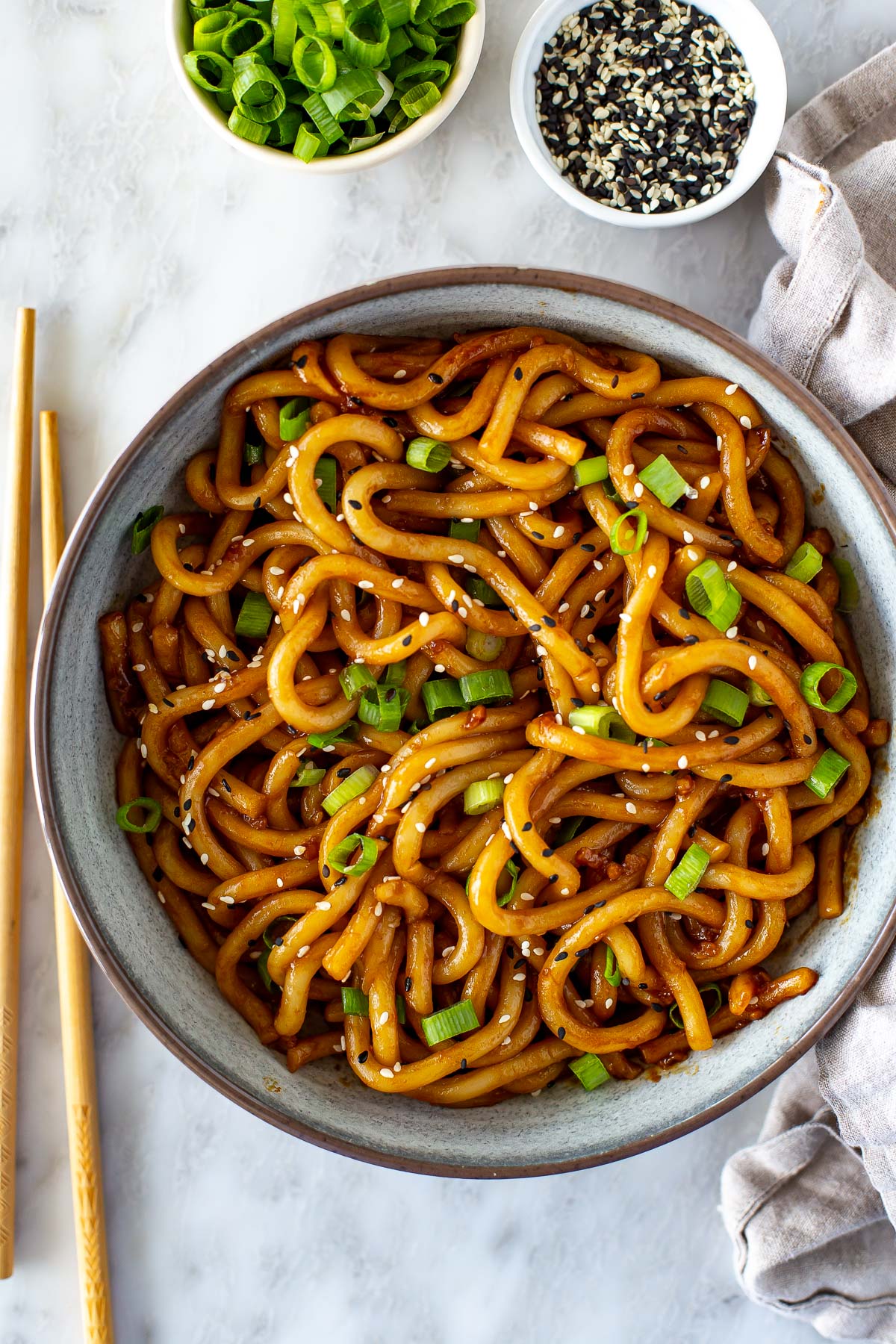 Overhead hero shot of plated hibachi noodles
