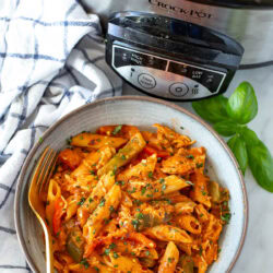 Crockpot chicken pasta plate overhead