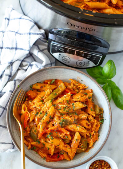 Crockpot chicken pasta plate overhead