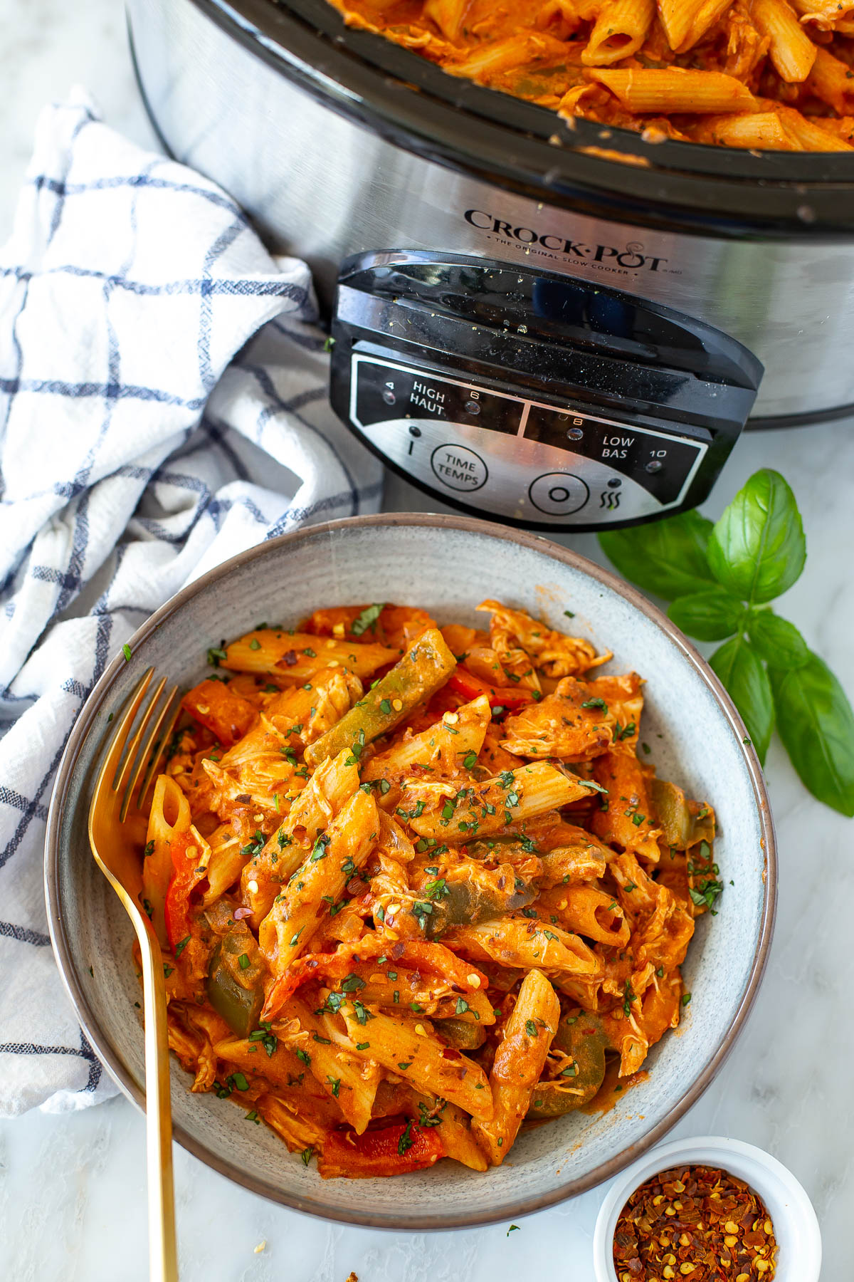 Crockpot chicken pasta plate overhead