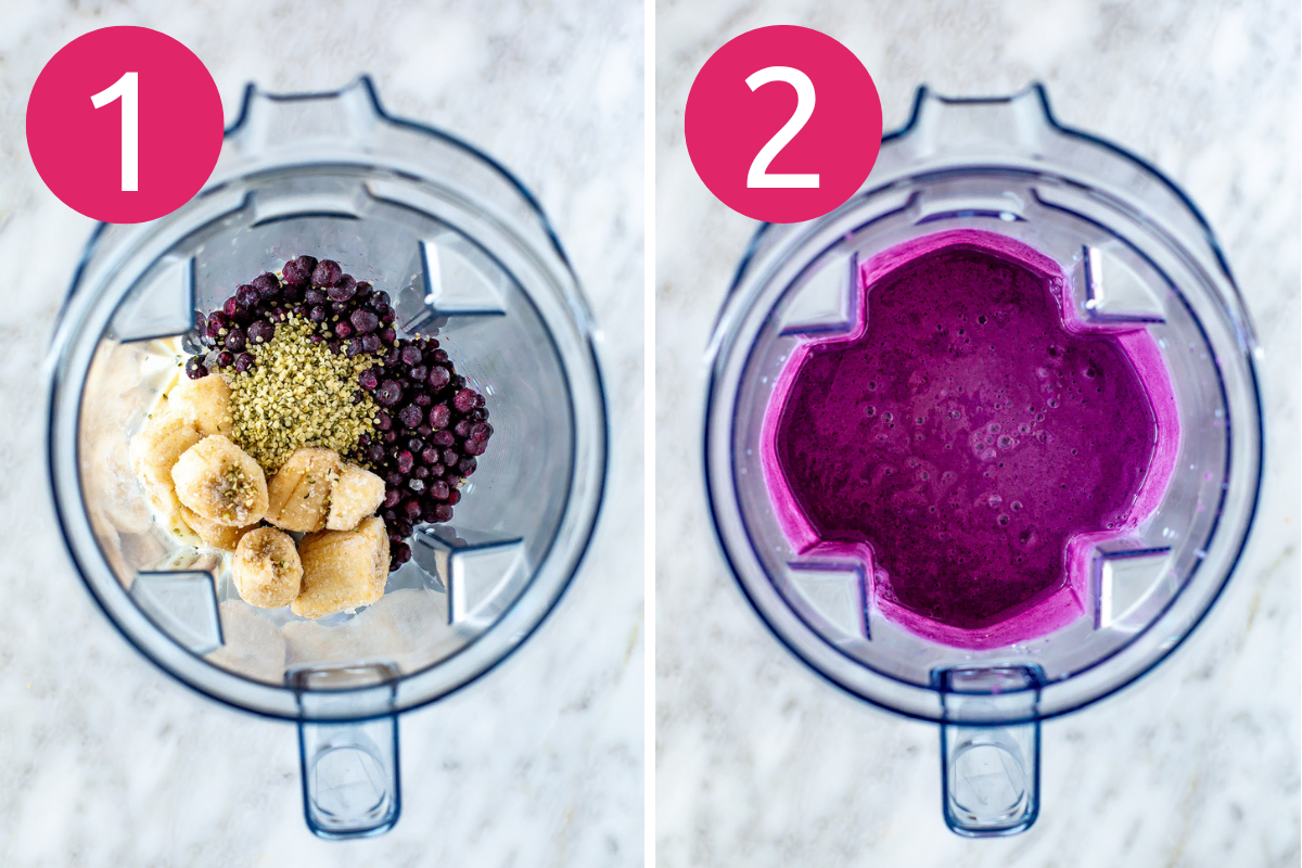 Blueberry banana smoothie collage steps 1 & 2
