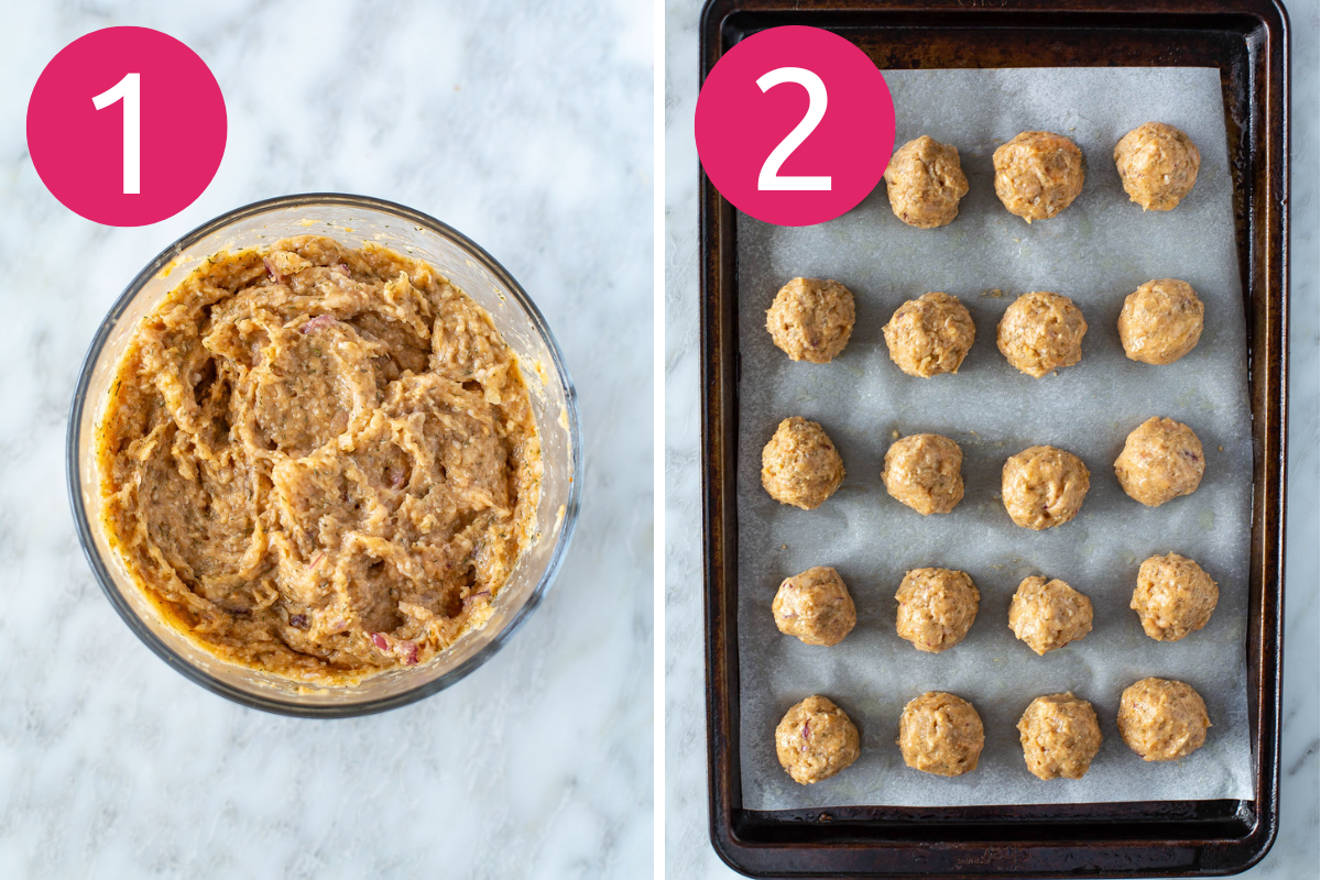 Buffalo chicken meatballs collage steps 1 & 2