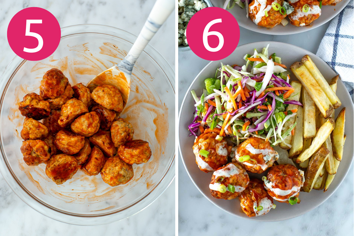 Buffalo chicken meatballs collage steps 5 & 6