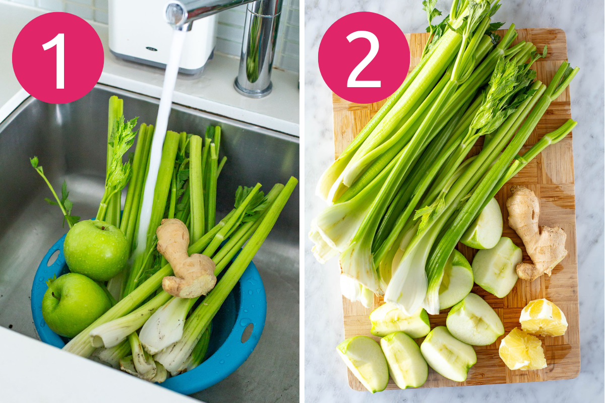 Celery juice collage steps 1 & 2
