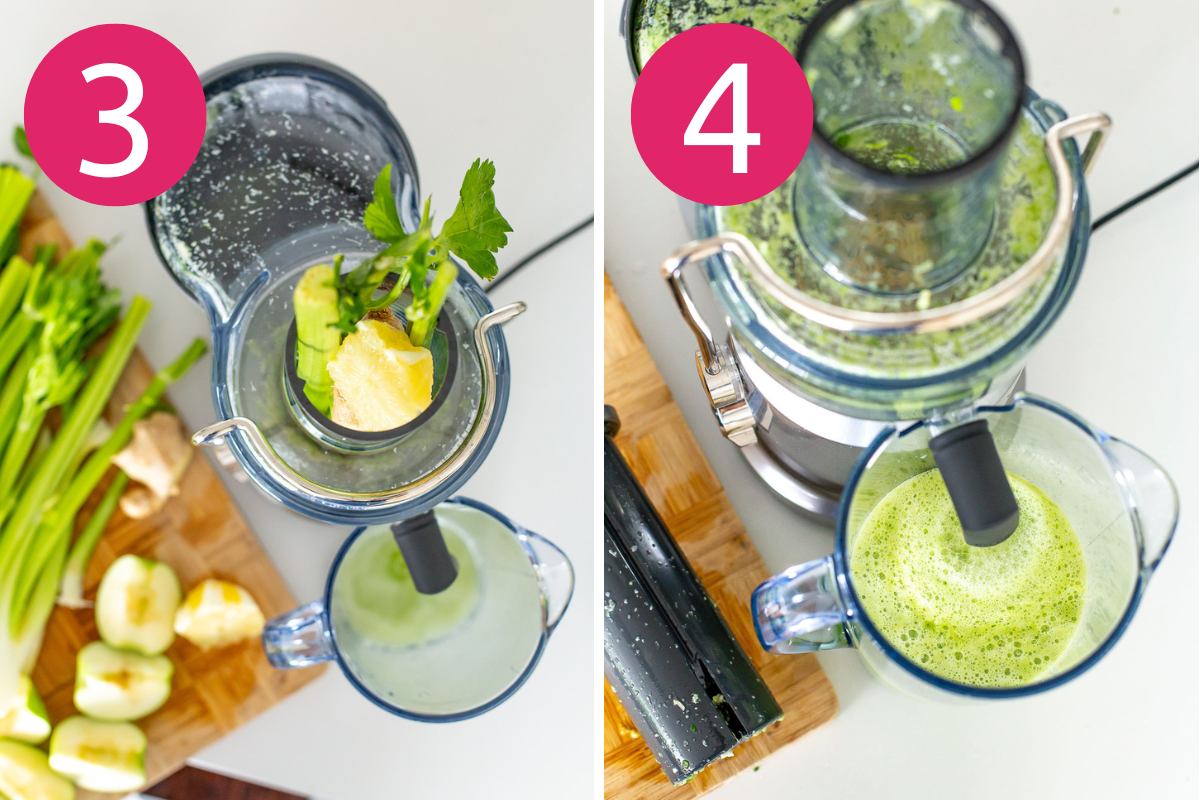 Celery juice collage steps 3 & 4