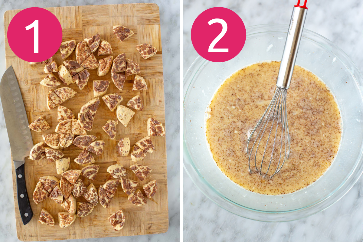 Cinnamon roll casserole collage steps 1 & 2