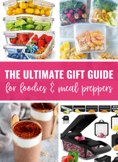 Collage of meal prep tools and containers with title banner "the ultimate gift guide for foodies and meal preppers"