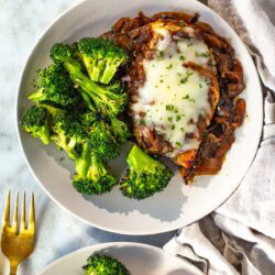 French onion chicken plated overhead shot