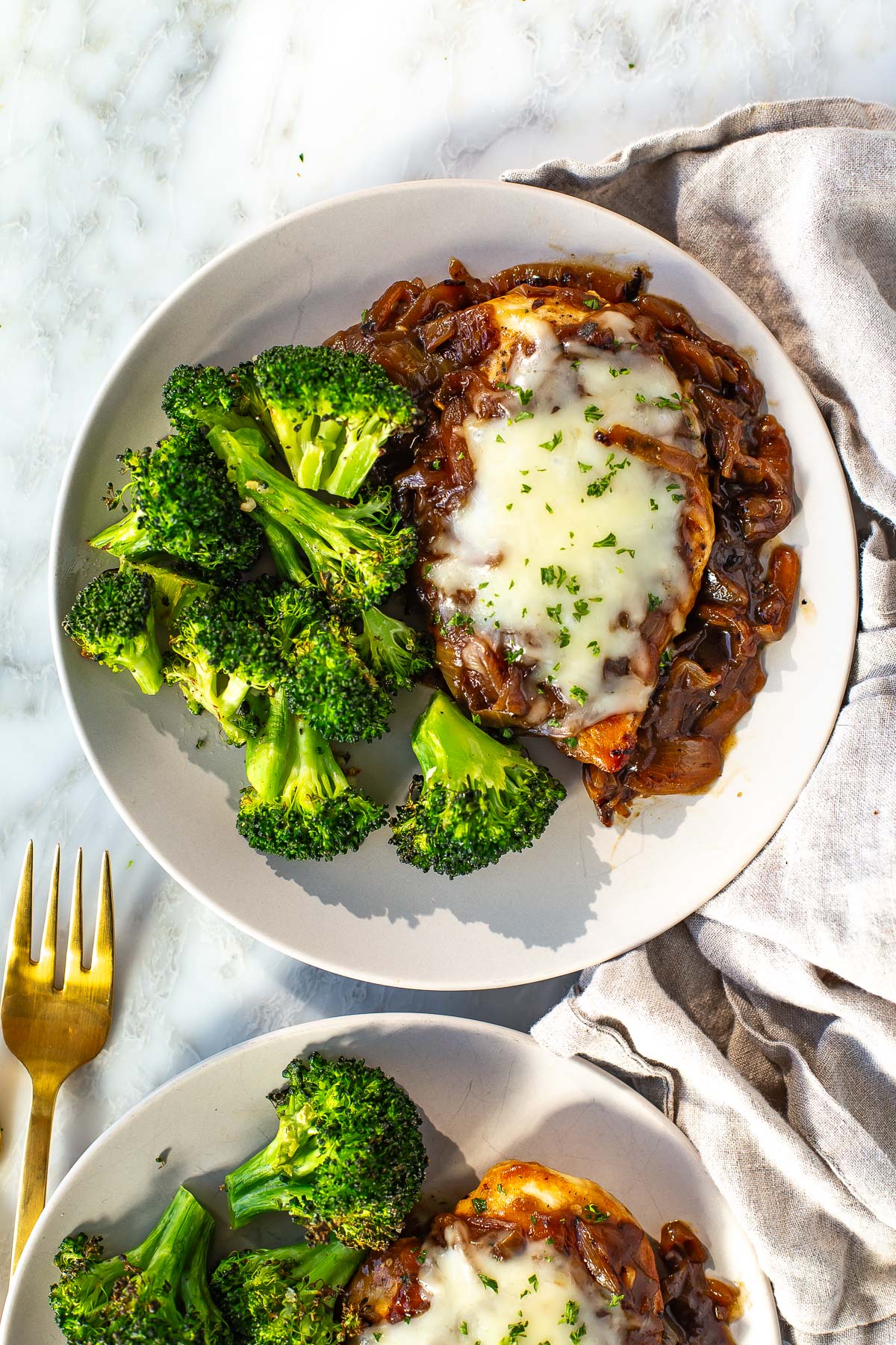 French onion chicken plated overhead shot