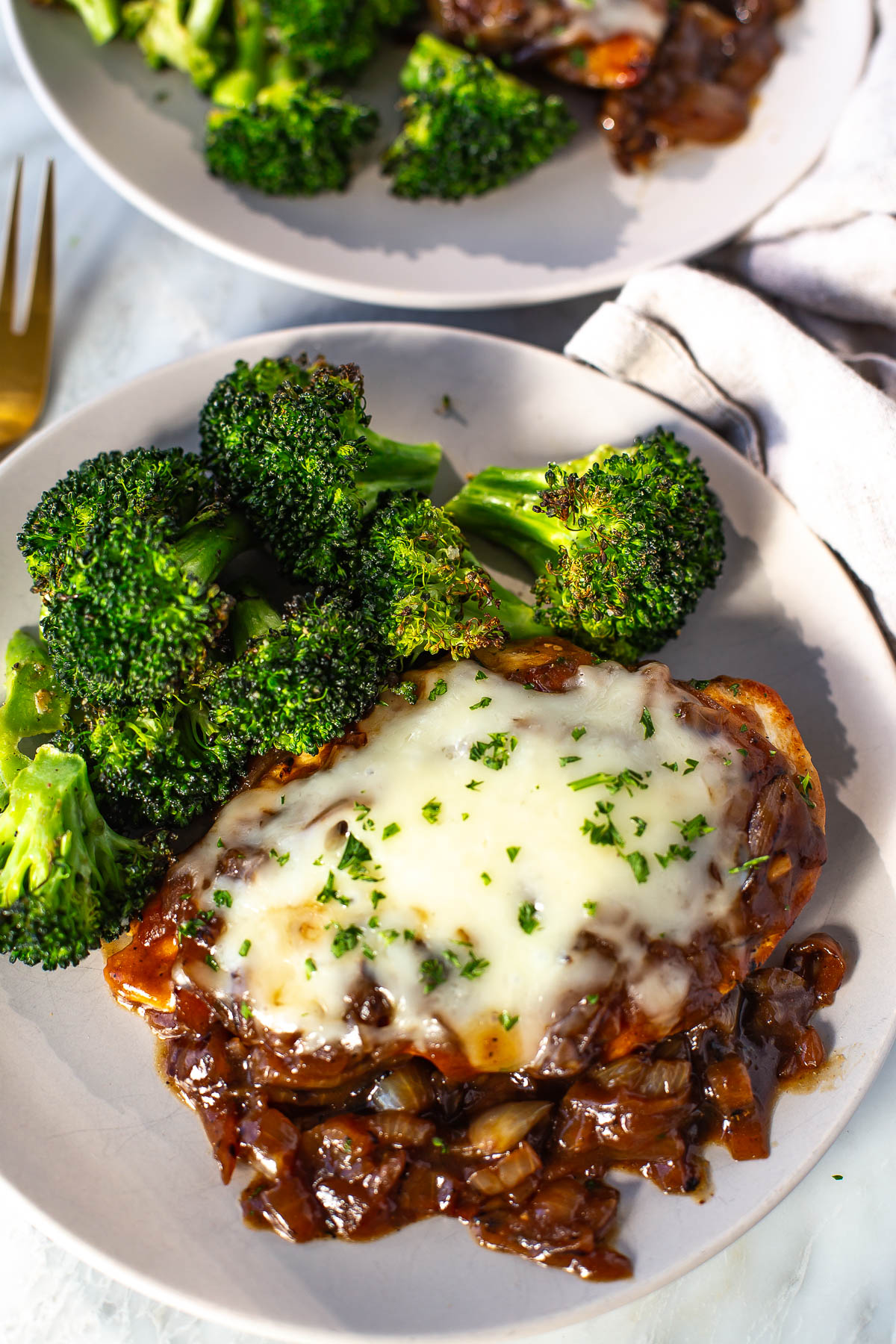 French onion chicken plated overhead shot close up