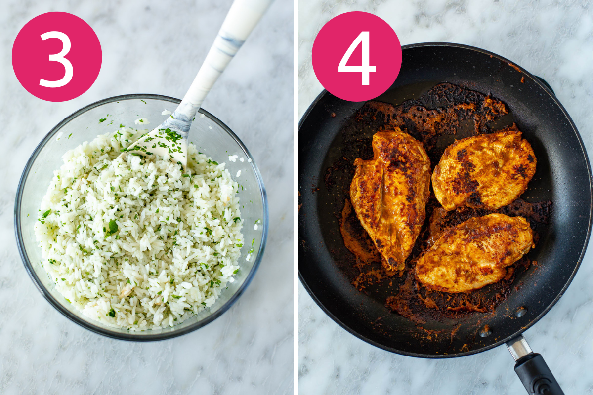 Chicken al pastor chipotle copycat collage of steps 3 & 4