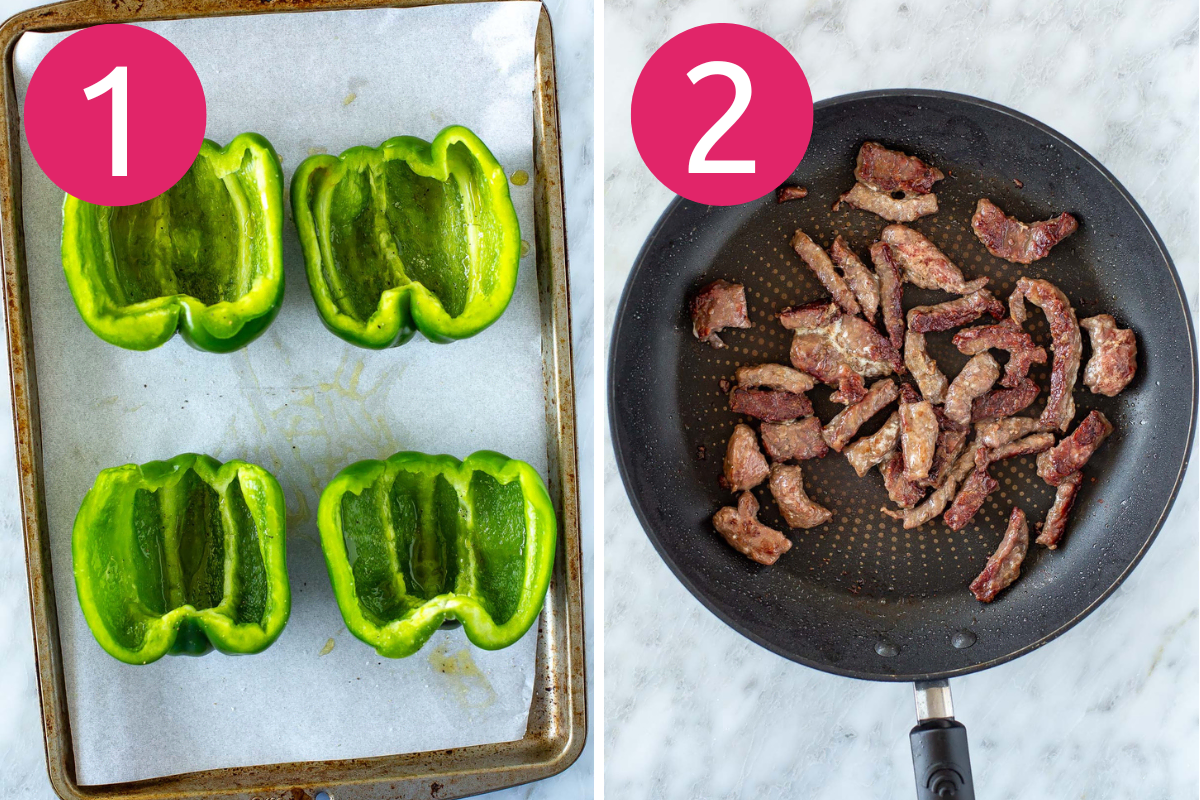 Philly cheesesteak stuffed peppers collage steps 1 & 2
