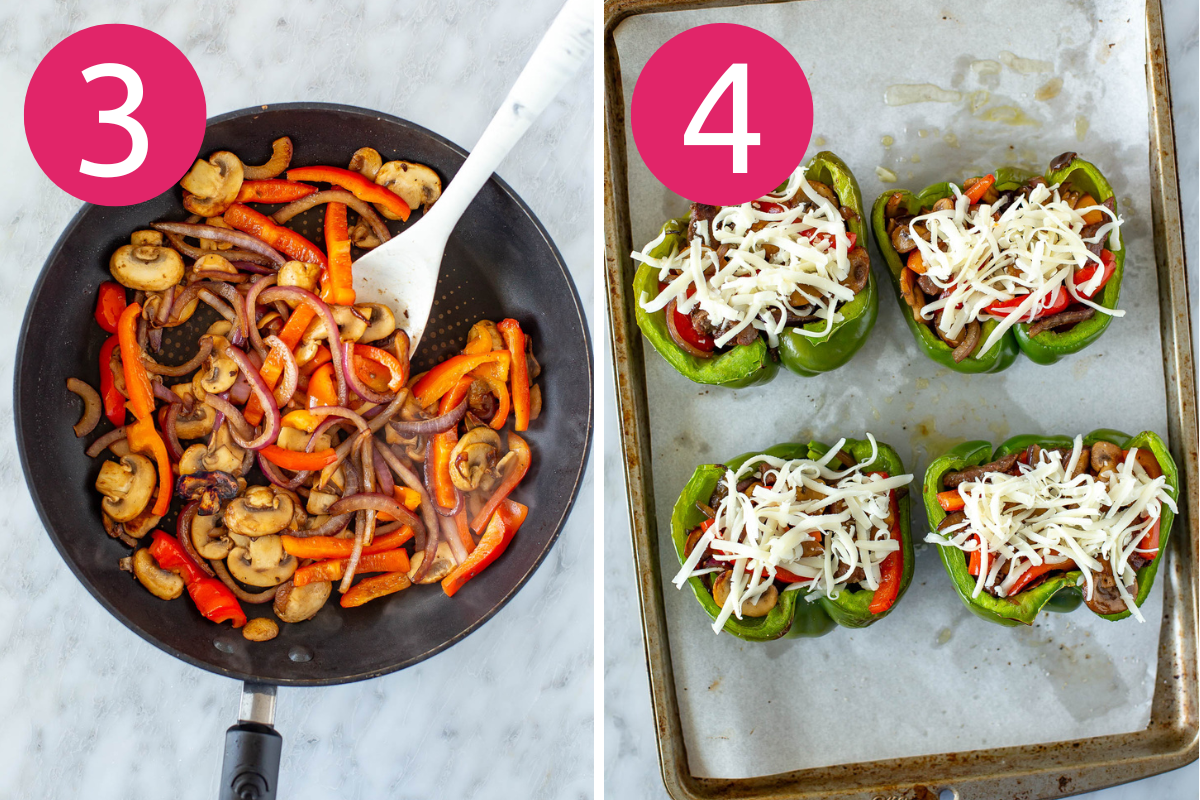 Philly cheesesteak stuffed peppers collage steps 3 & 4