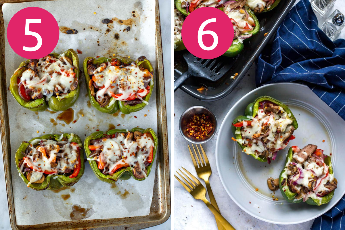 Philly cheesesteak stuffed peppers collage steps 5 & 6