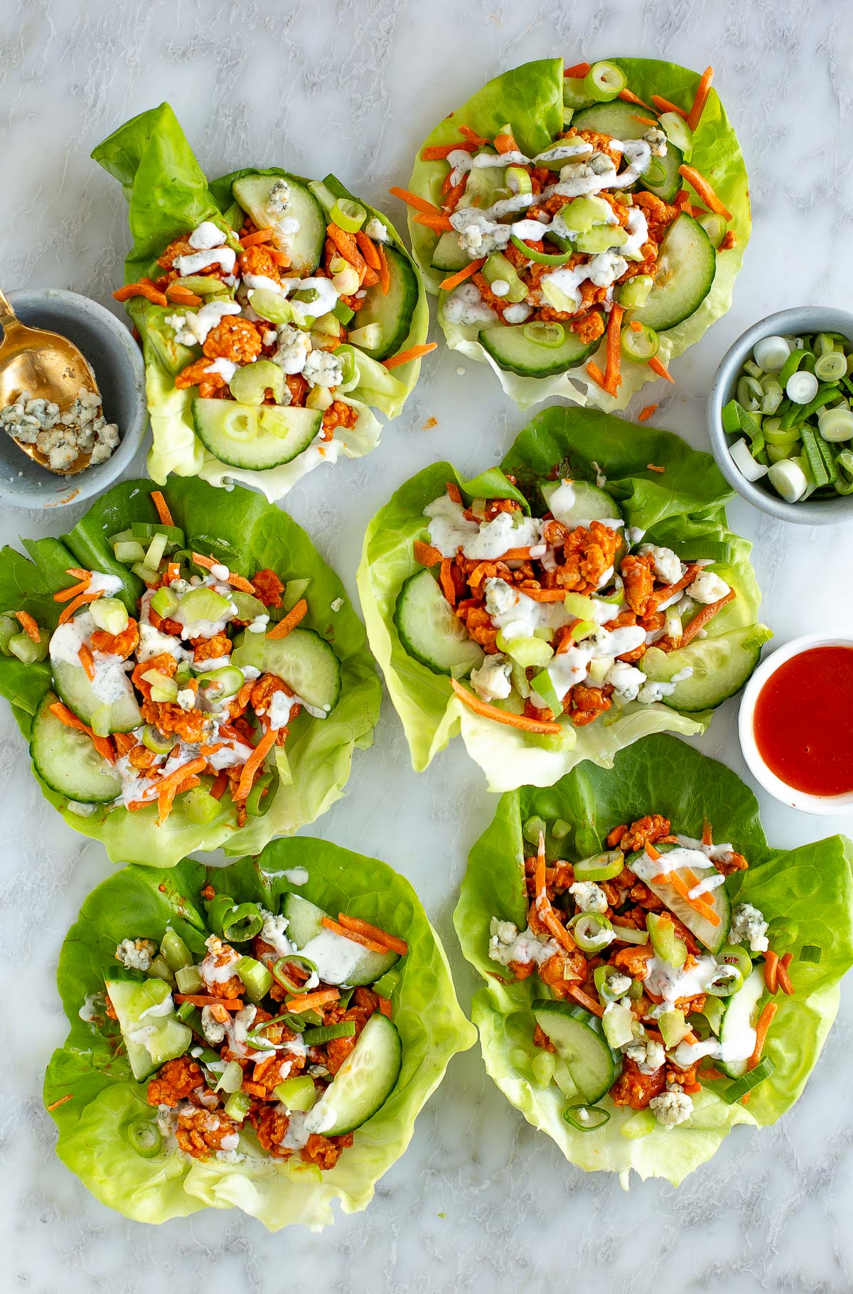 Buffalo chicken lettuce wraps wide shot