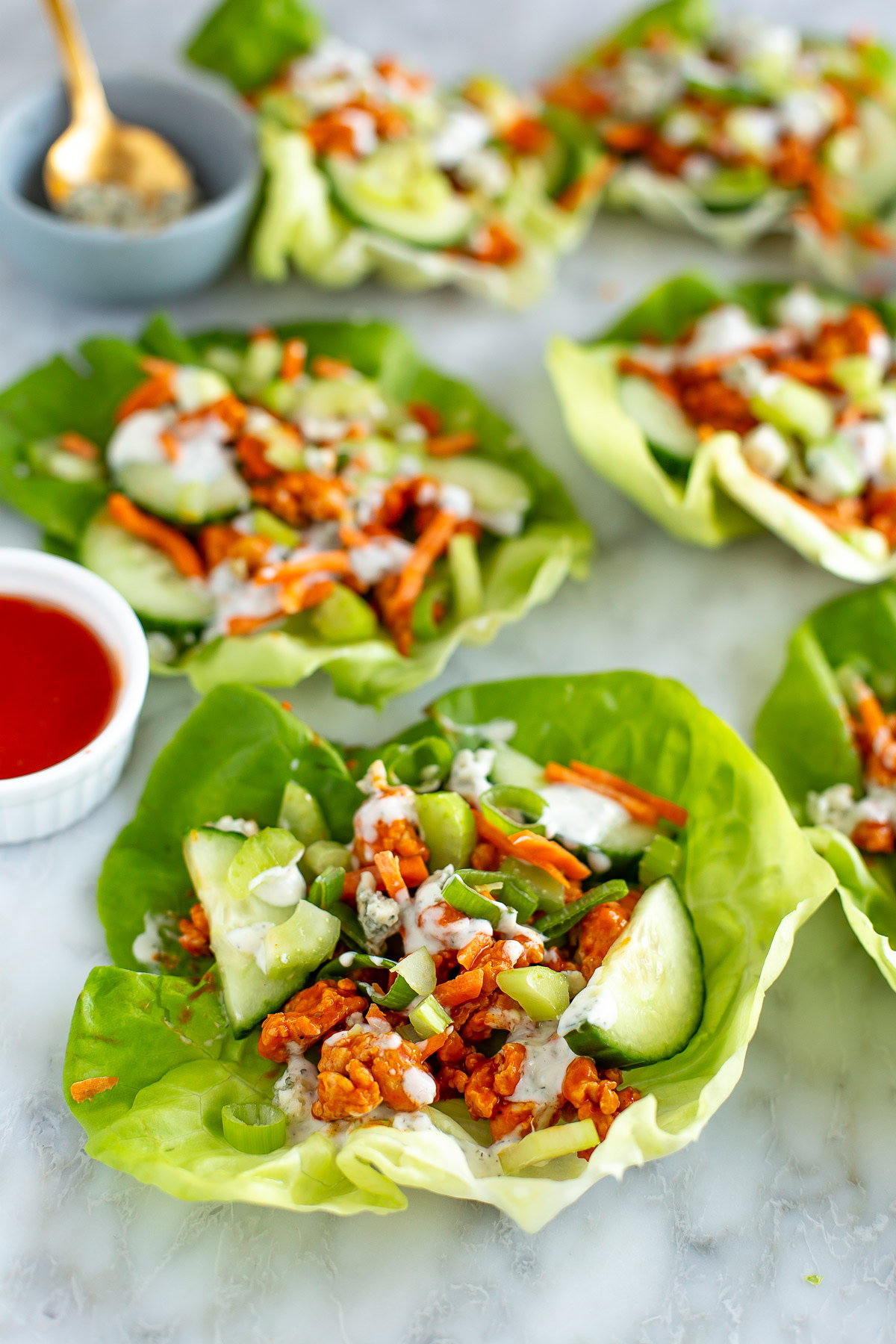Buffalo chicken lettuce wraps close up