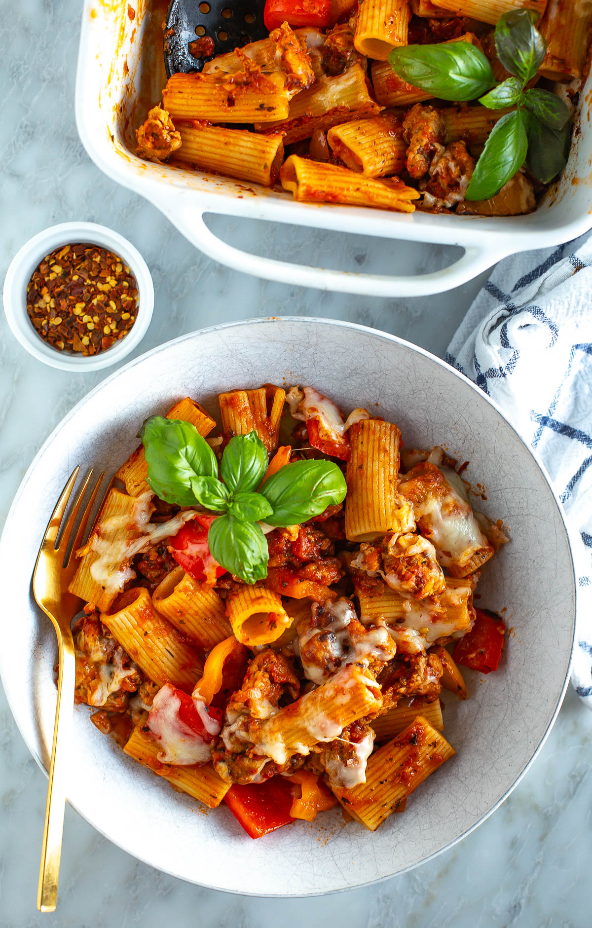 Sausage pasta bake plated
