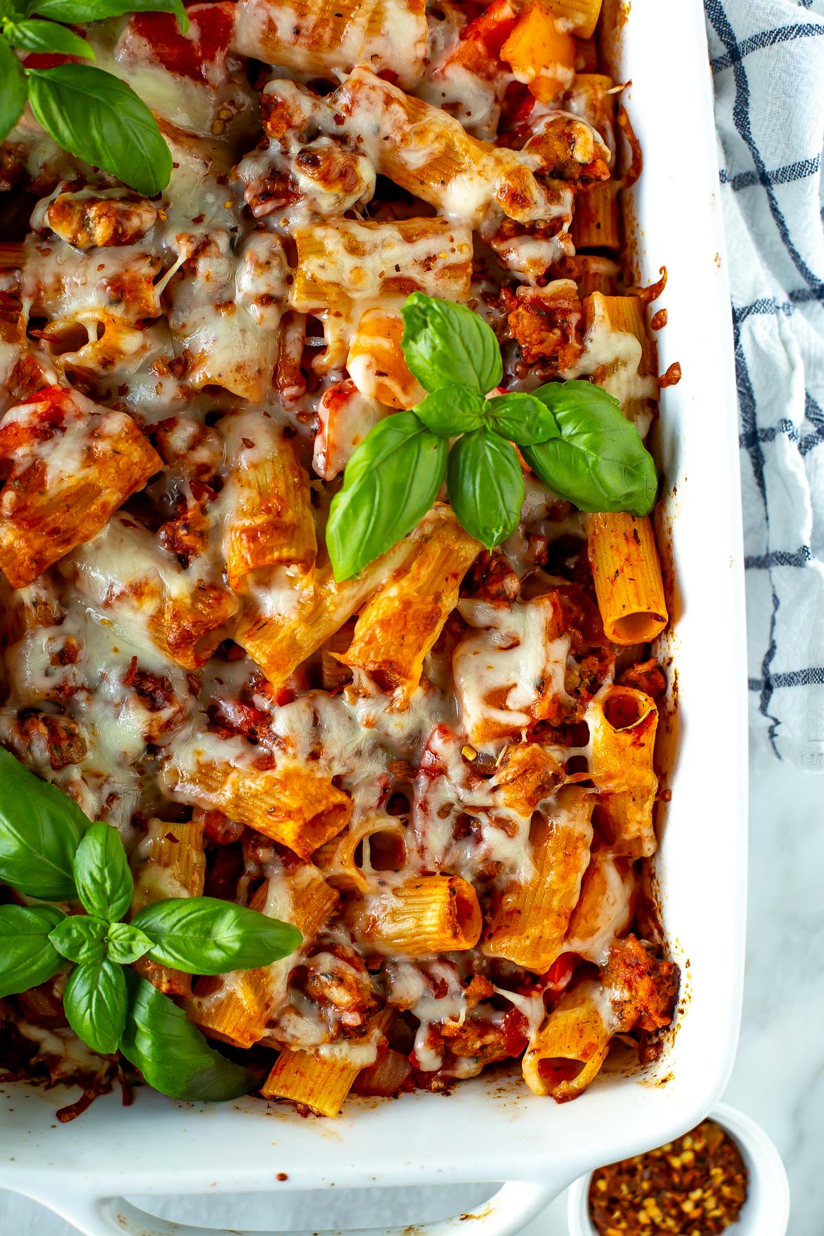 Sausage pasta bake close up