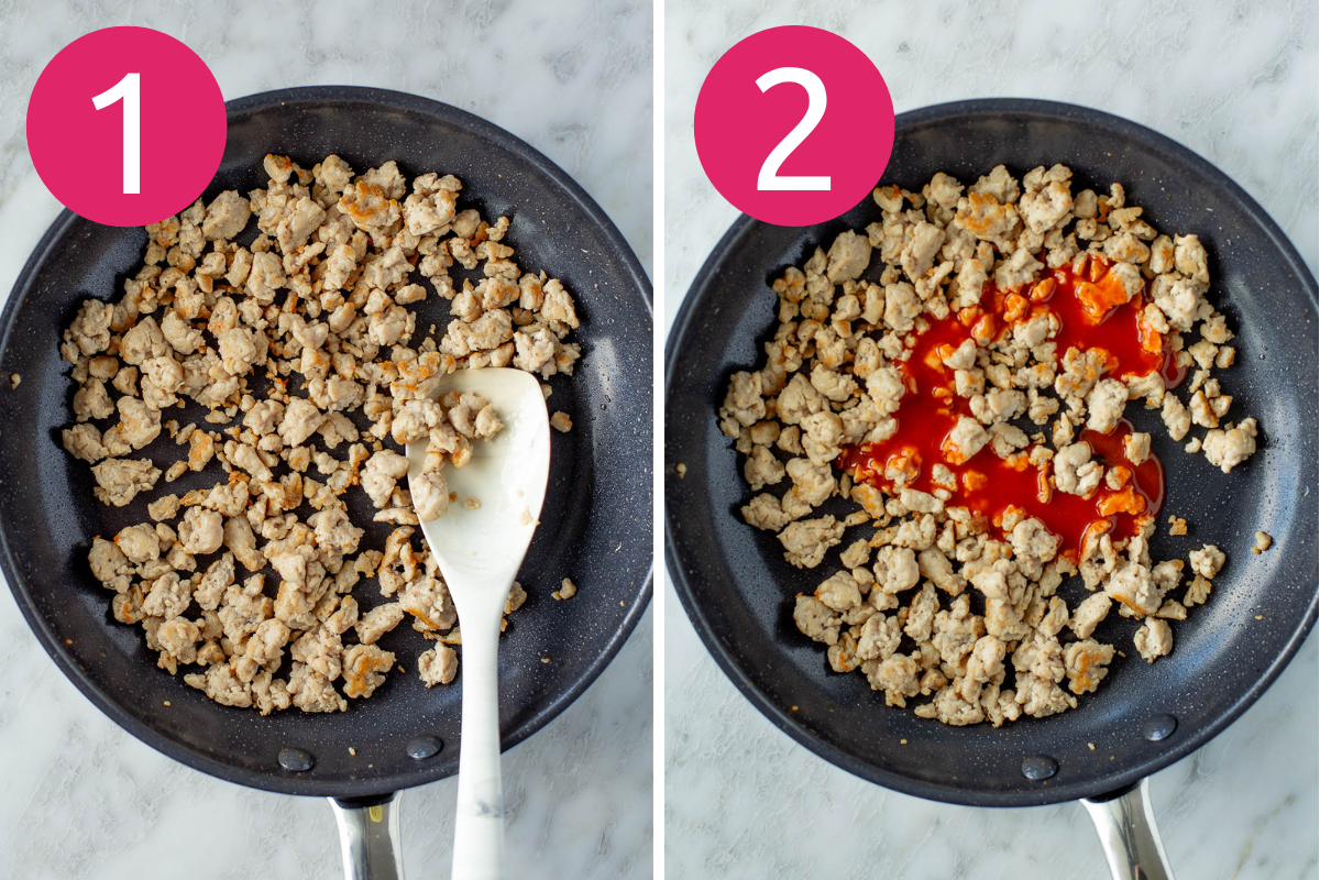 Buffalo chicken lettuce wraps collage steps 1 & 2