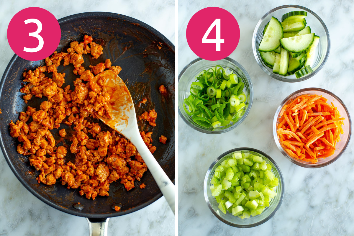 Buffalo chicken lettuce wraps collage steps 3 & 4