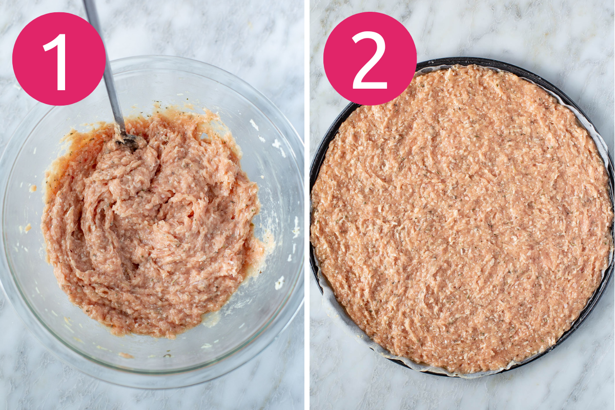 Chicken crust pizza collage of steps 1 & 2