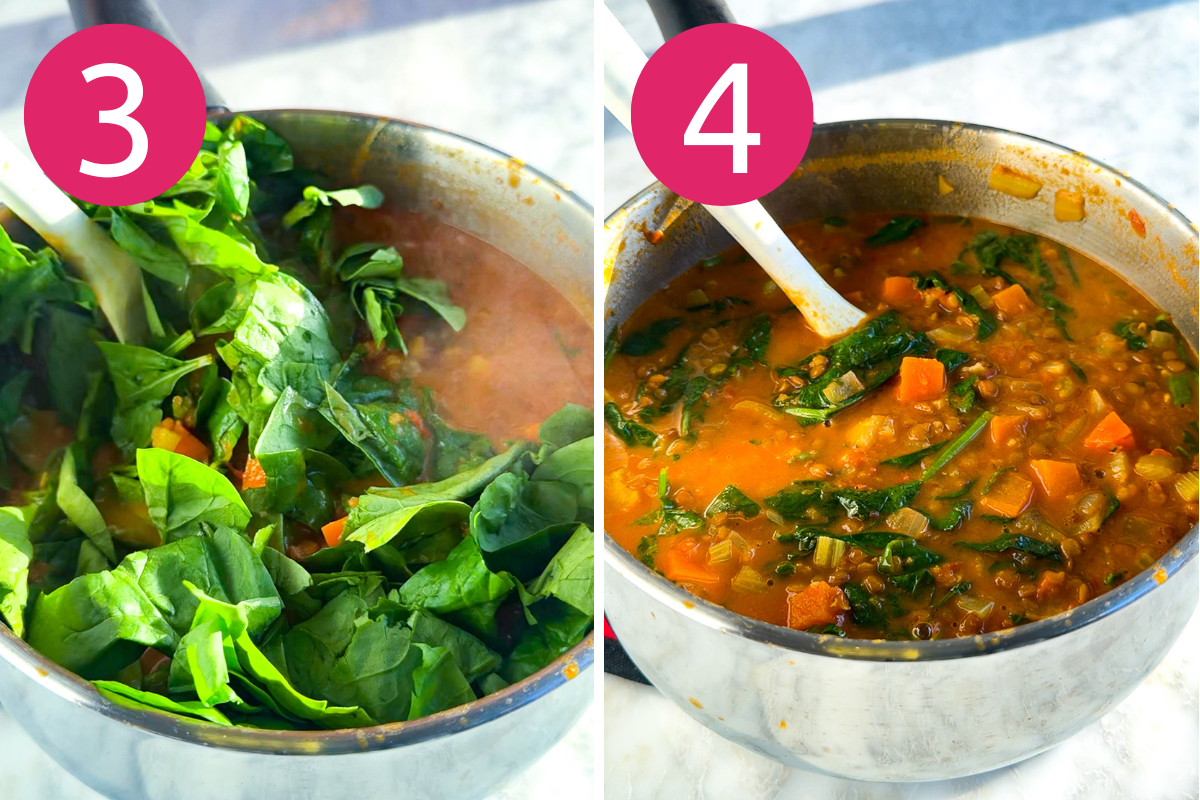 Turmeric lentil soup collage of steps 3 & 4
