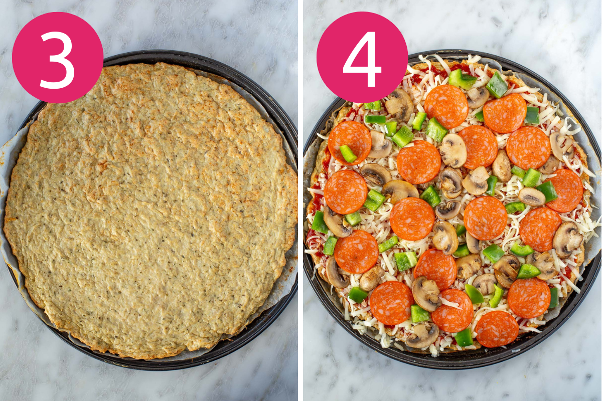 Chicken crust pizza collage of steps 3 & 4