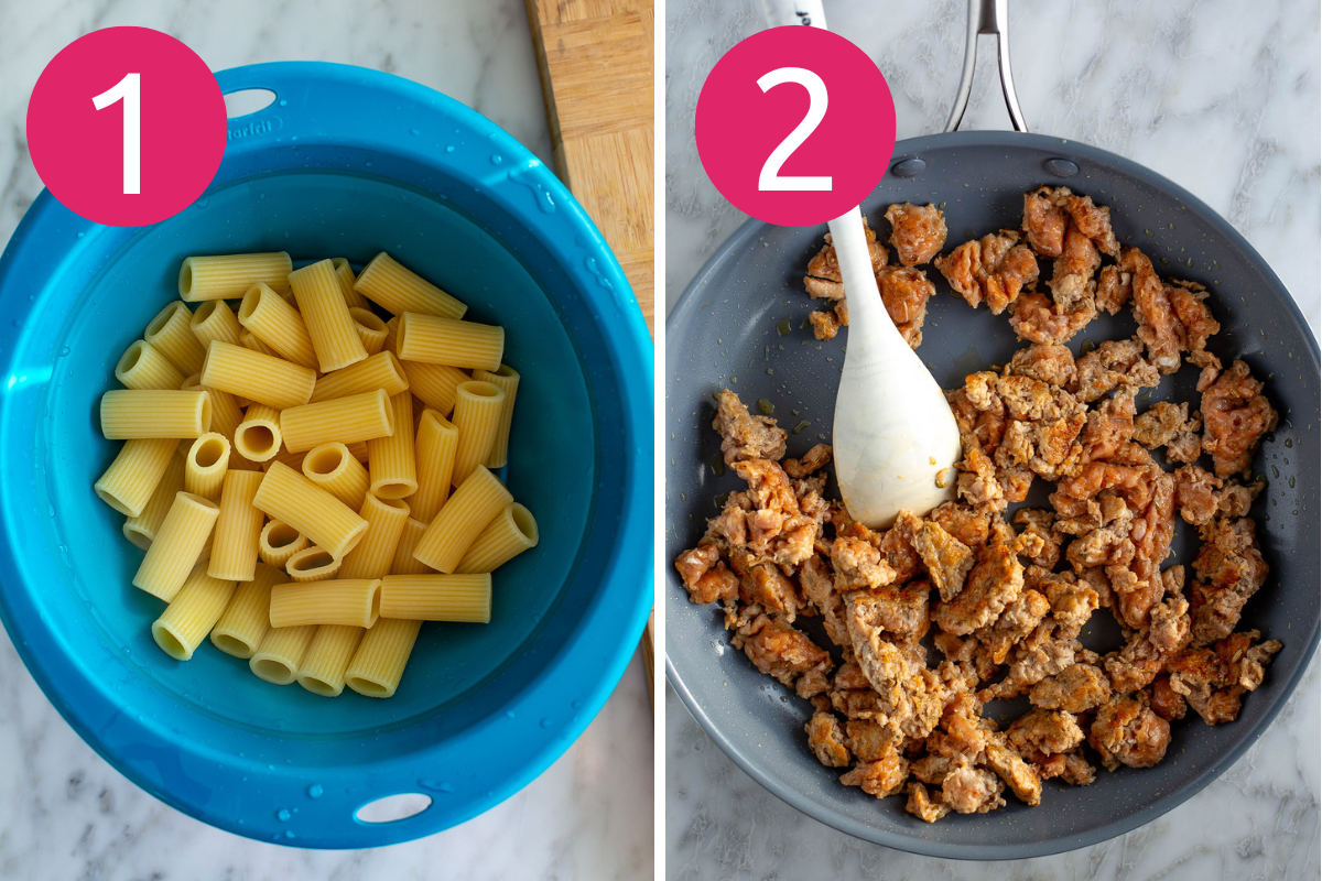 Sausage pasta bake collate of steps 1 & 2