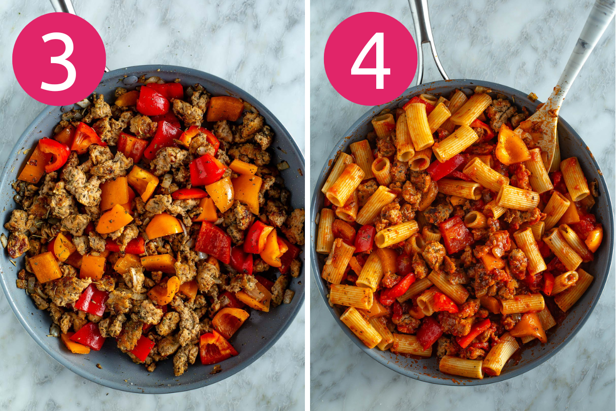 Sausage pasta bake collate of steps 3 & 4