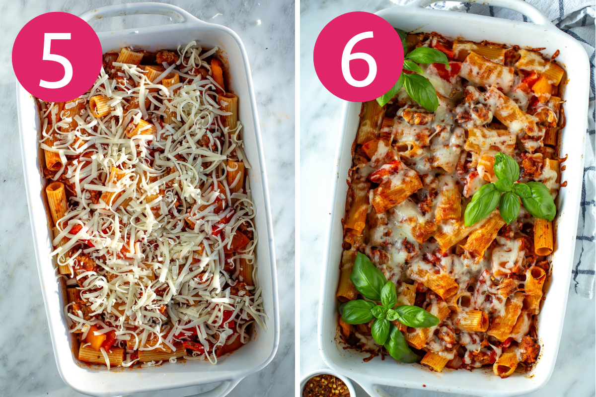Sausage pasta bake collate of steps 5 & 6